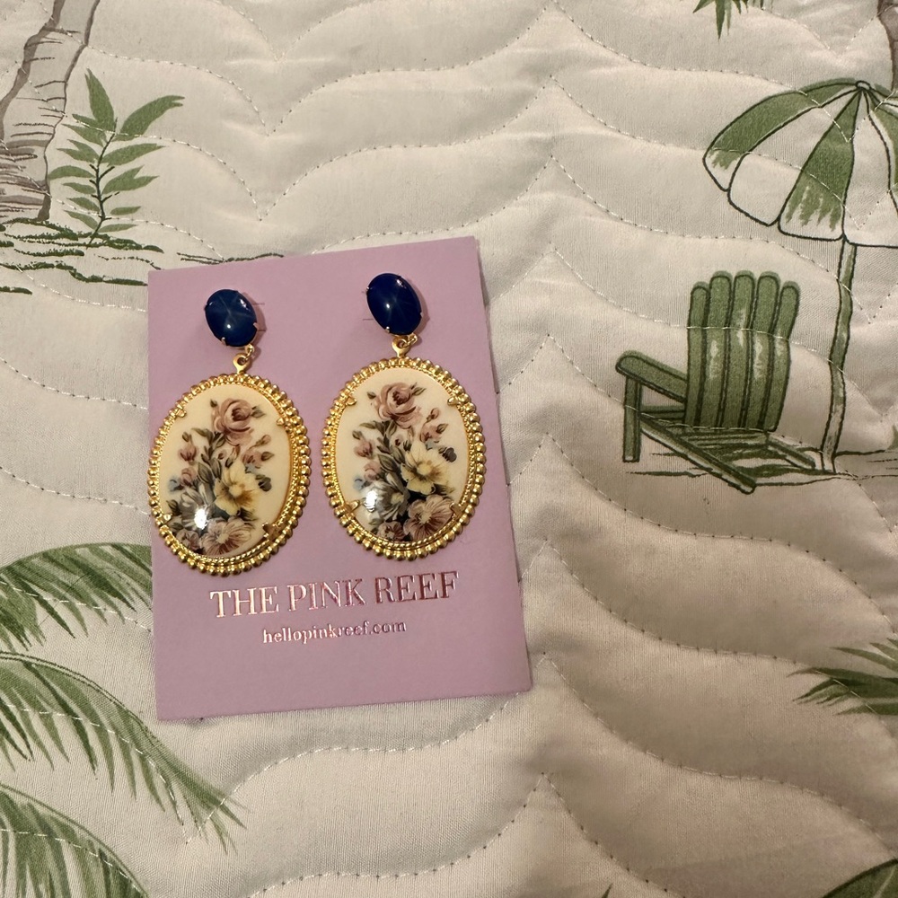 Floral Oval Drop Earrings - Navy & Gold